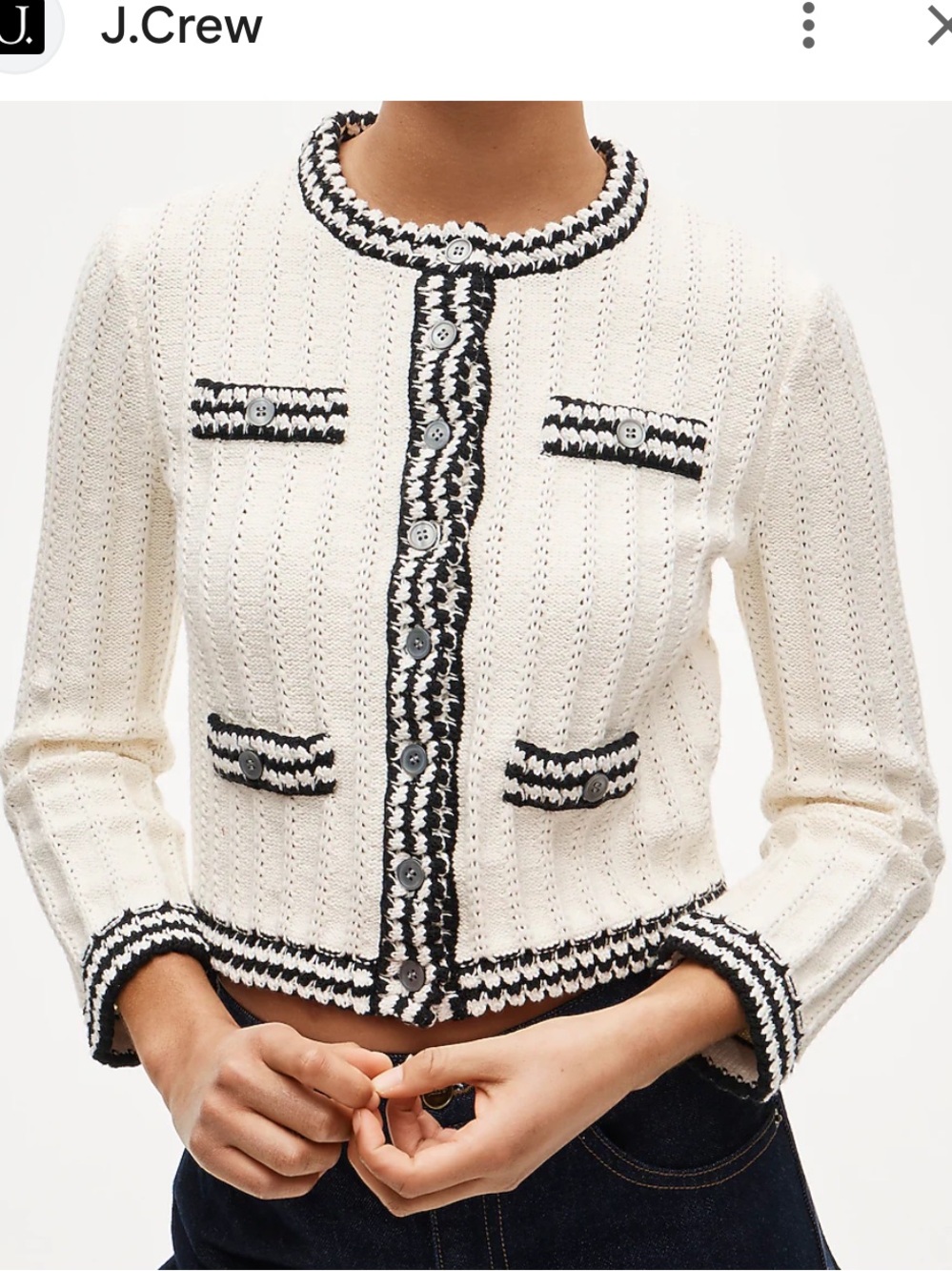 J. Crew Cream Knit Cardigan Jacket with Black Trim
